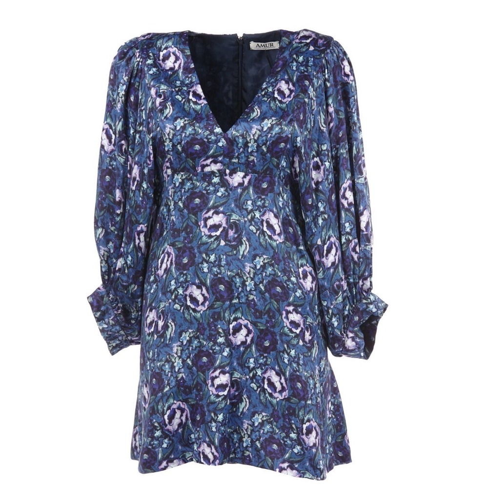 AMUR Women's Steph Crinkle Satin Blue Floral Mini Dress V-Neck Size‎ 0 $428